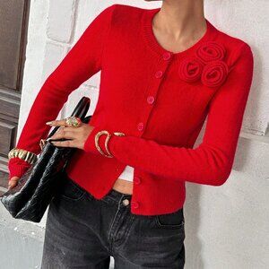 Red Casual Women's Elegant Floral Decor Button-Up Cardigan